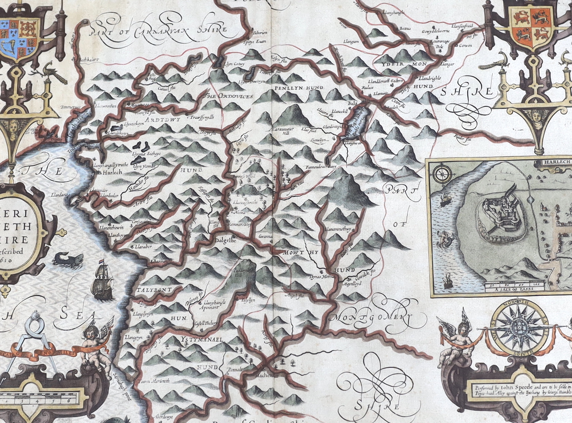 John Speed (1552-1629), hand coloured map of Merionethshire, sold by George Humble, text verso, 39 x 51cm